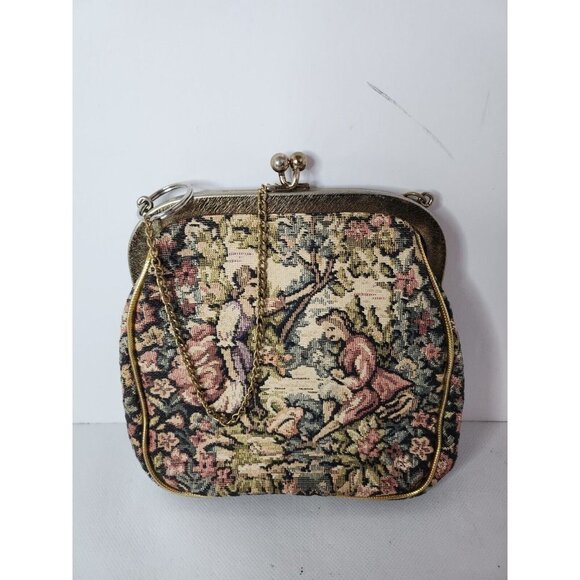 ANTIQUE Petit Point Purse Woven Double Sided Gentry Scenes Tapestry Work Clutch - Picture 3 of 9